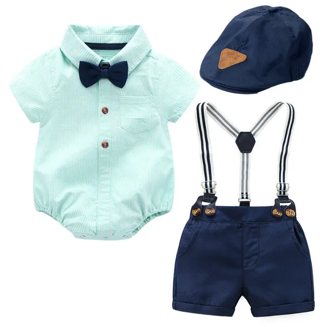 3PCS Baby Boy Bowtie Romper Suspender Pants with Baret Hat