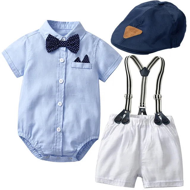 3PCS Baby Boy Bowtie Romper Suspender Pants with Baret Hat