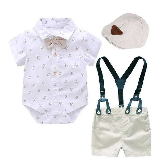 3PCS Baby Boy Bowtie Romper Suspender Pants with Baret Hat