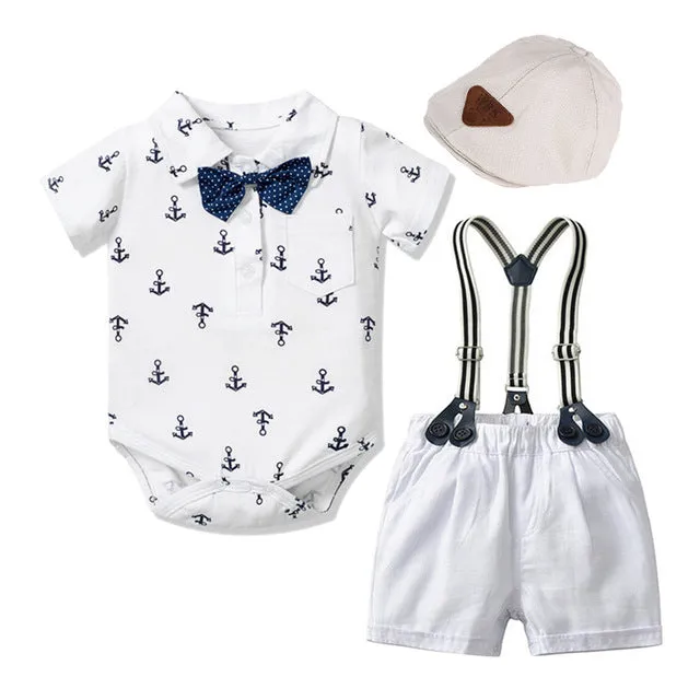 3PCS Baby Boy Bowtie Romper Suspender Pants with Baret Hat