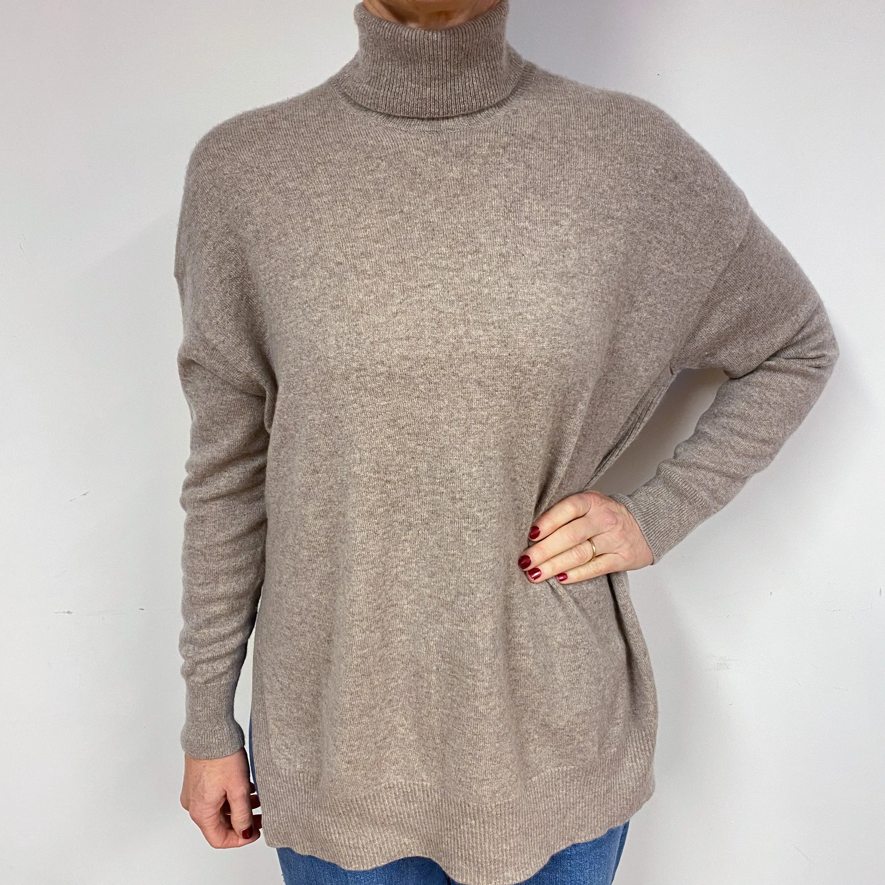 All Saints Slouchy Taupe Cashmere Polo Neck Jumper Medium