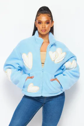 Baby Blue Love Hearts Cozy Sherpa Zip Up Sweater Jacket