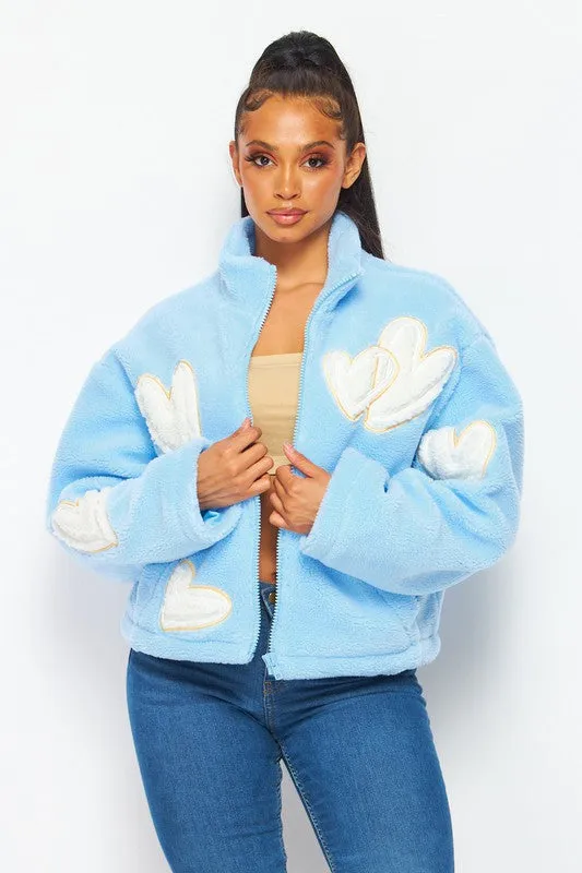 Baby Blue Love Hearts Cozy Sherpa Zip Up Sweater Jacket