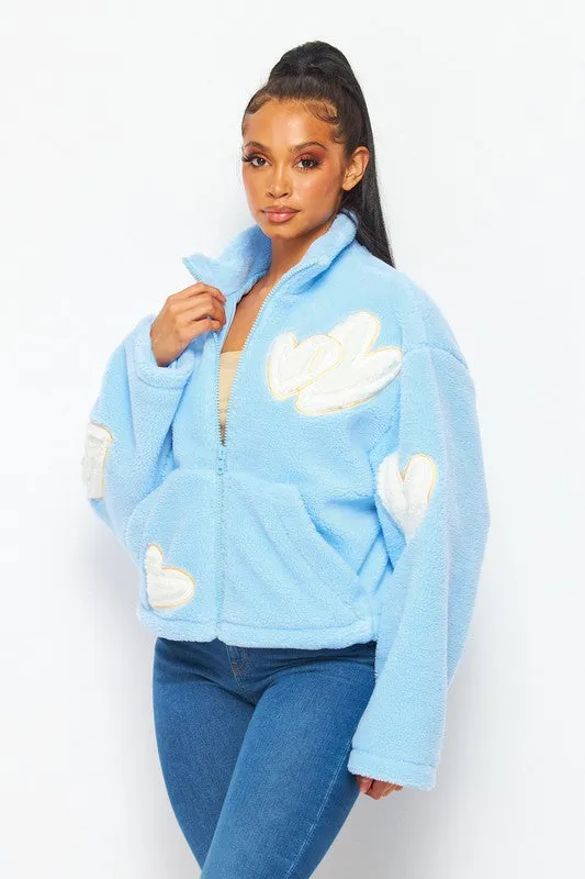 Baby Blue Love Hearts Cozy Sherpa Zip Up Sweater Jacket