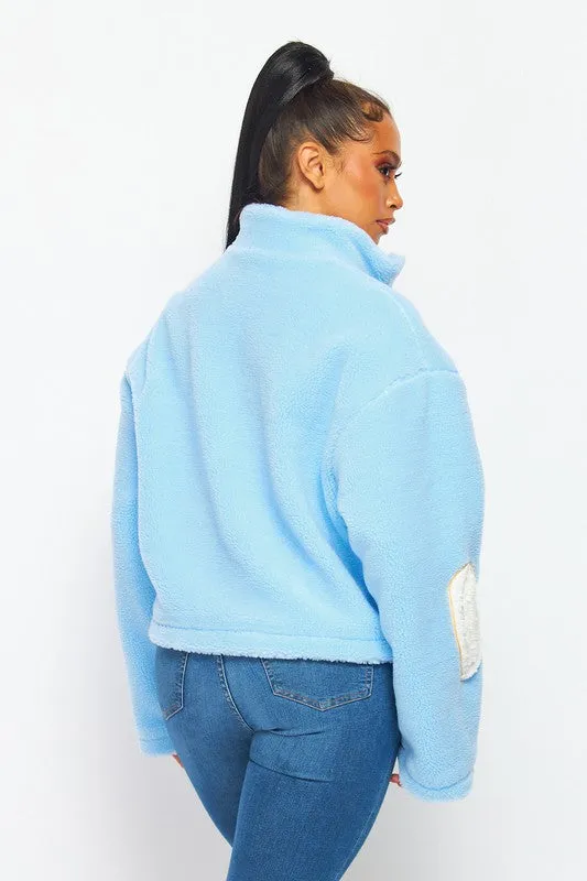 Baby Blue Love Hearts Cozy Sherpa Zip Up Sweater Jacket