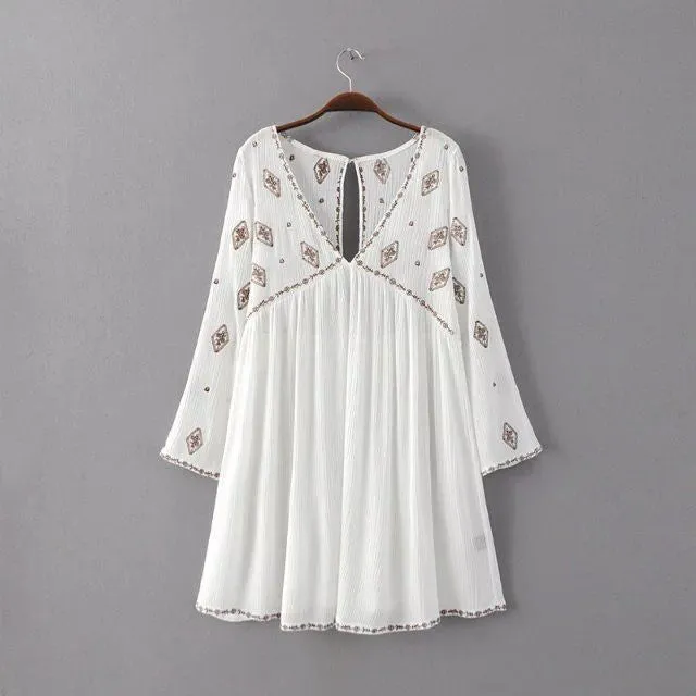 Bell Sleeve Top Boho Diamond Embroidery Long White Tunic For Free Spirited People Small Medium Or Large