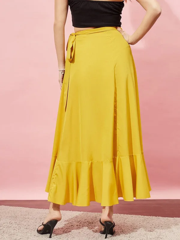 Berrylush Women Solid Yellow High-Rise Tie-Up Waist Asymmetrical Hem Wrap Ruffled Maxi Skirt