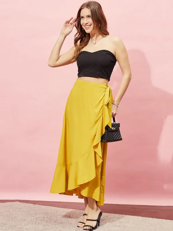 Berrylush Women Solid Yellow High-Rise Tie-Up Waist Asymmetrical Hem Wrap Ruffled Maxi Skirt