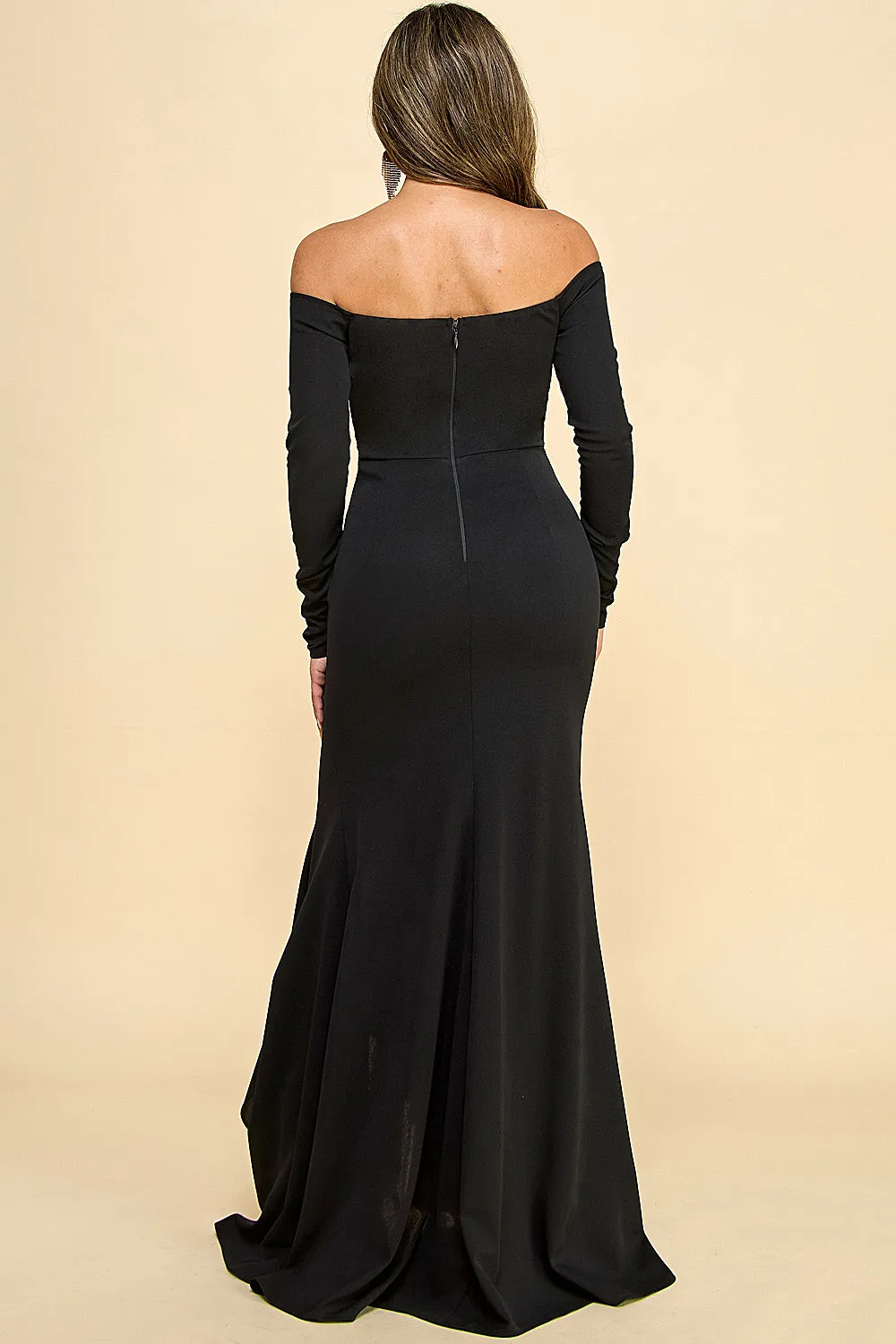 BLACK OFF SHOULDER SHIRRING SLIT MAXI DRESS MF22087