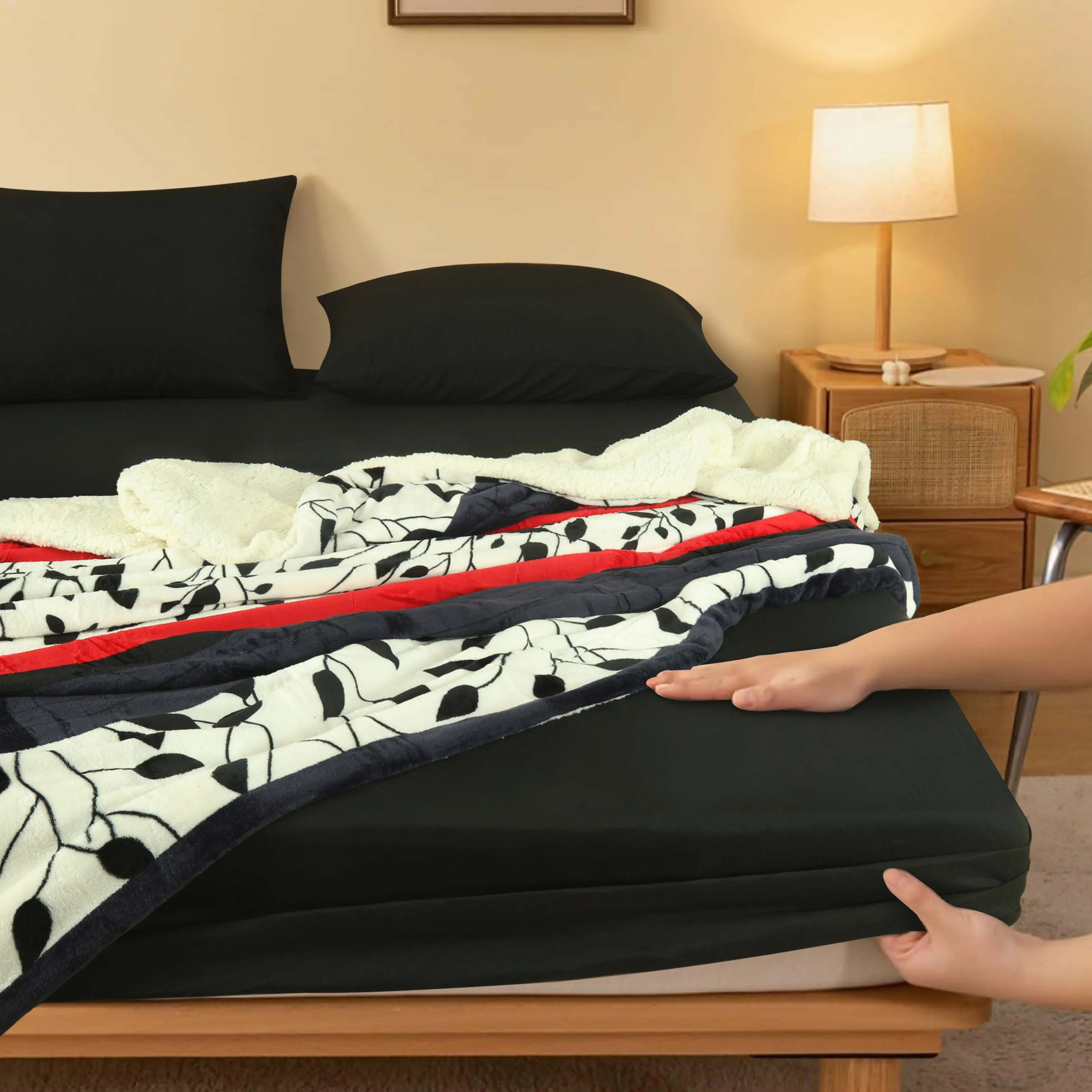 Black Red Leaves Sherpa Blanket and Fitted Sheet Set