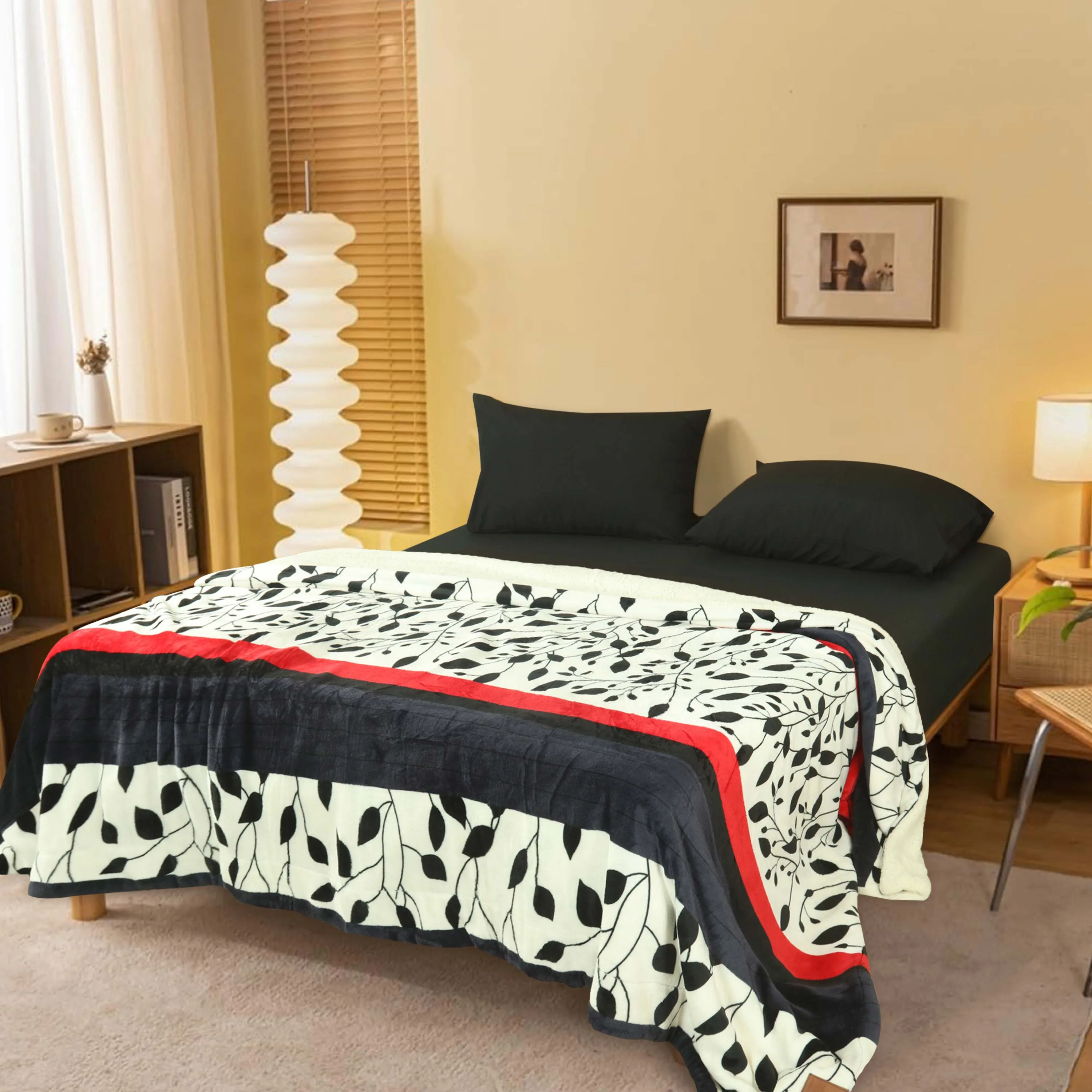 Black Red Leaves Sherpa Blanket and Fitted Sheet Set