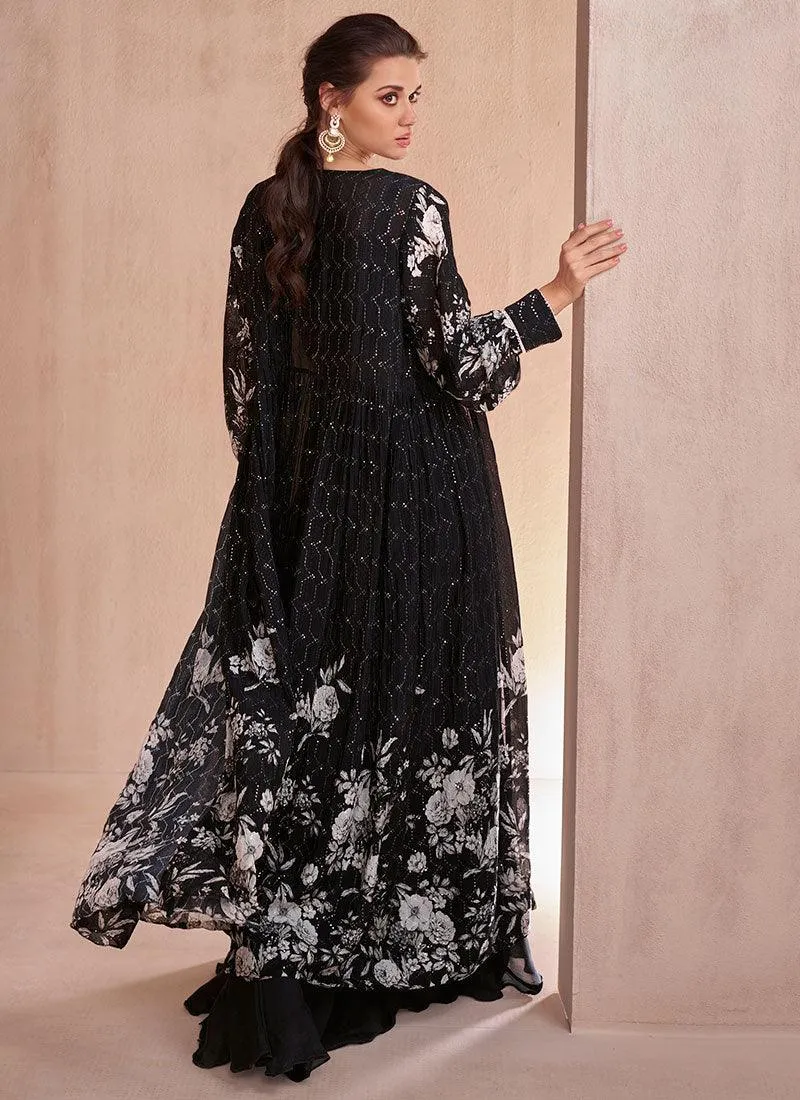 Black White Printed Sequins Embroidered Cape Style Top Palazzo Suit