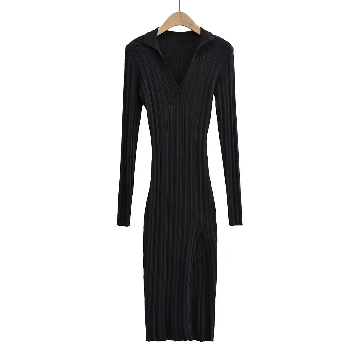 Bodycon Slit Full Sleeve Solid Ribbed Midi Dress