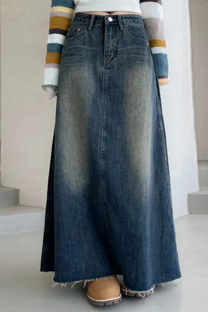 Boho Distressed Denim Maxi Skirt