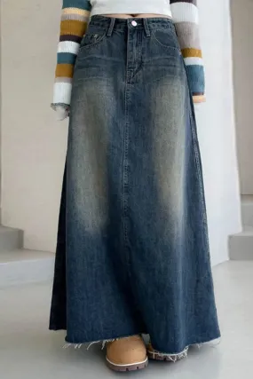 Boho Distressed Denim Maxi Skirt