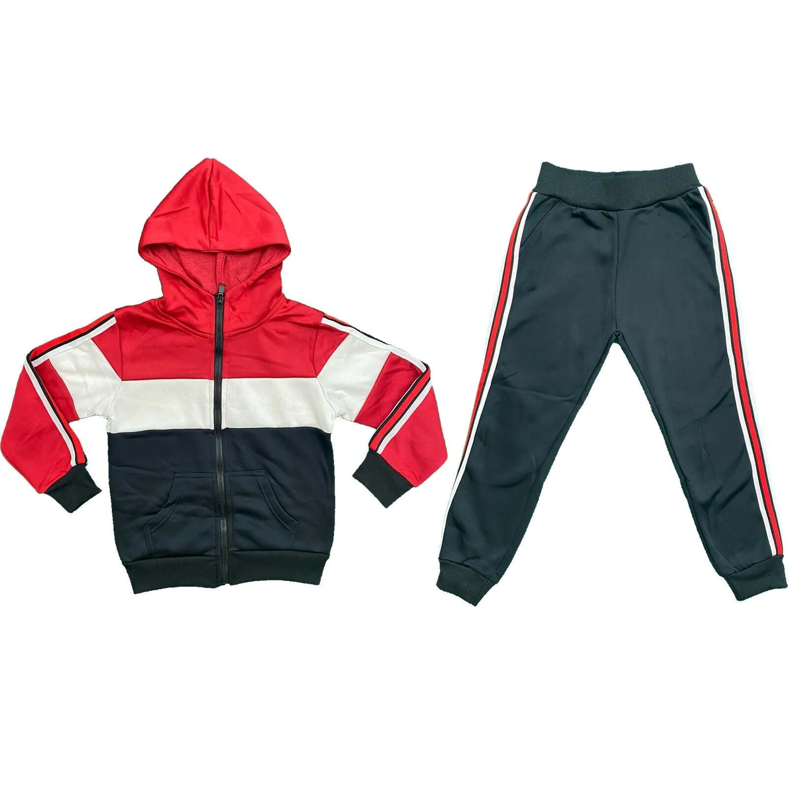 Boys Kids Panel Stripe Sport Tracksuit Jacket Joggers Jogging Bottoms PE Gym Set