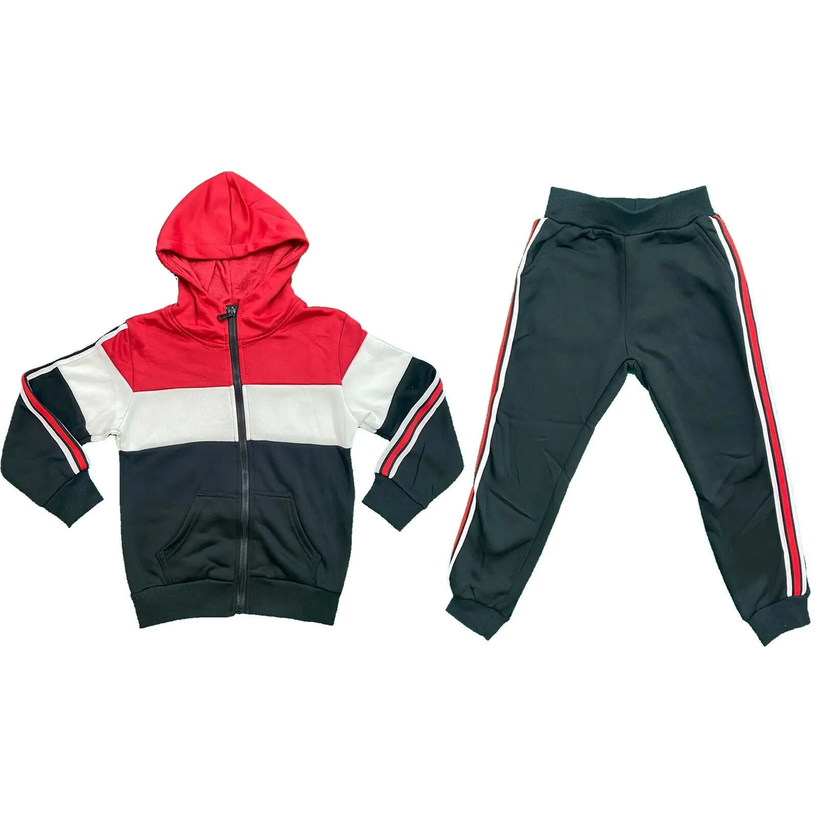 Boys Kids Panel Stripe Sport Tracksuit Jacket Joggers Jogging Bottoms PE Gym Set