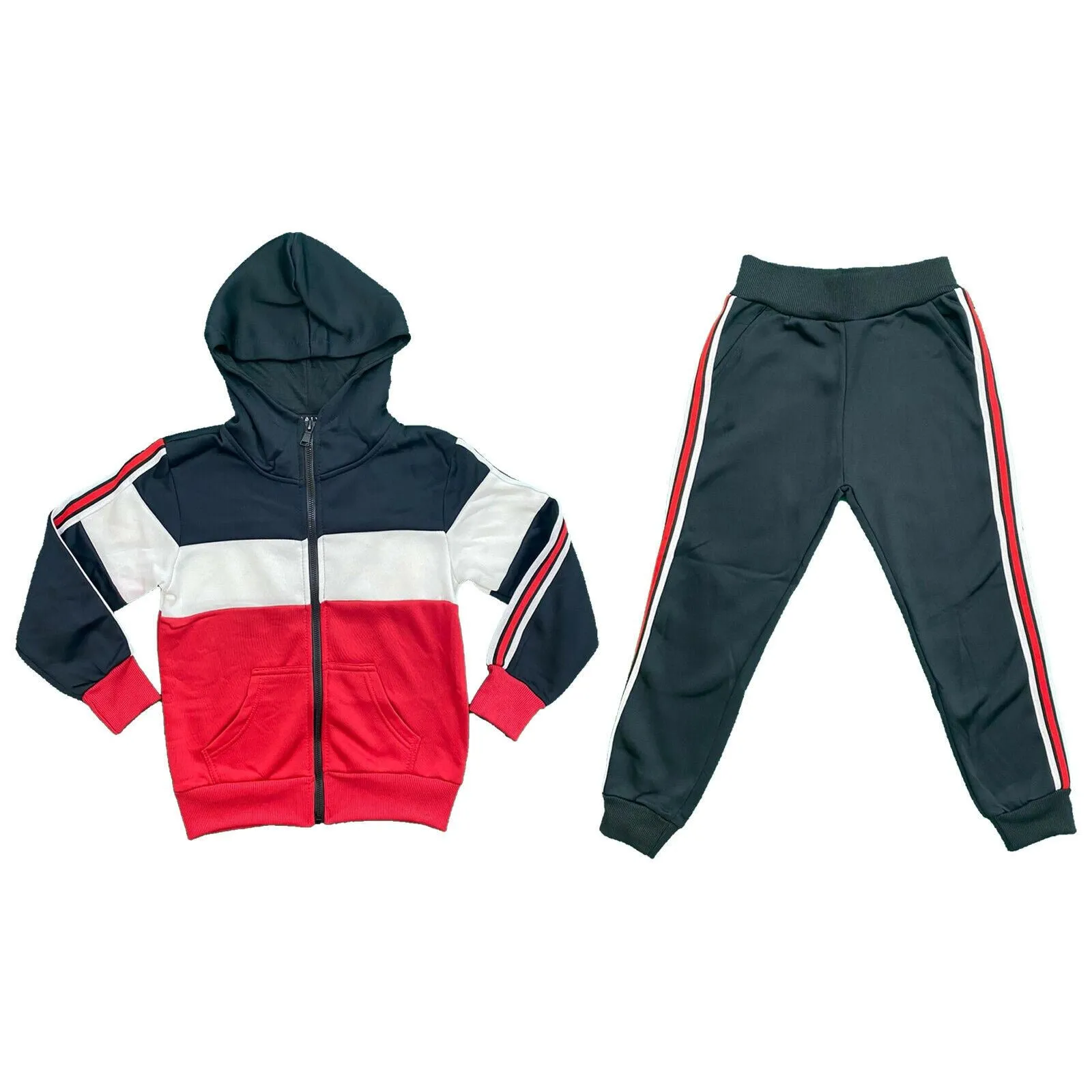 Boys Kids Panel Stripe Sport Tracksuit Jacket Joggers Jogging Bottoms PE Gym Set