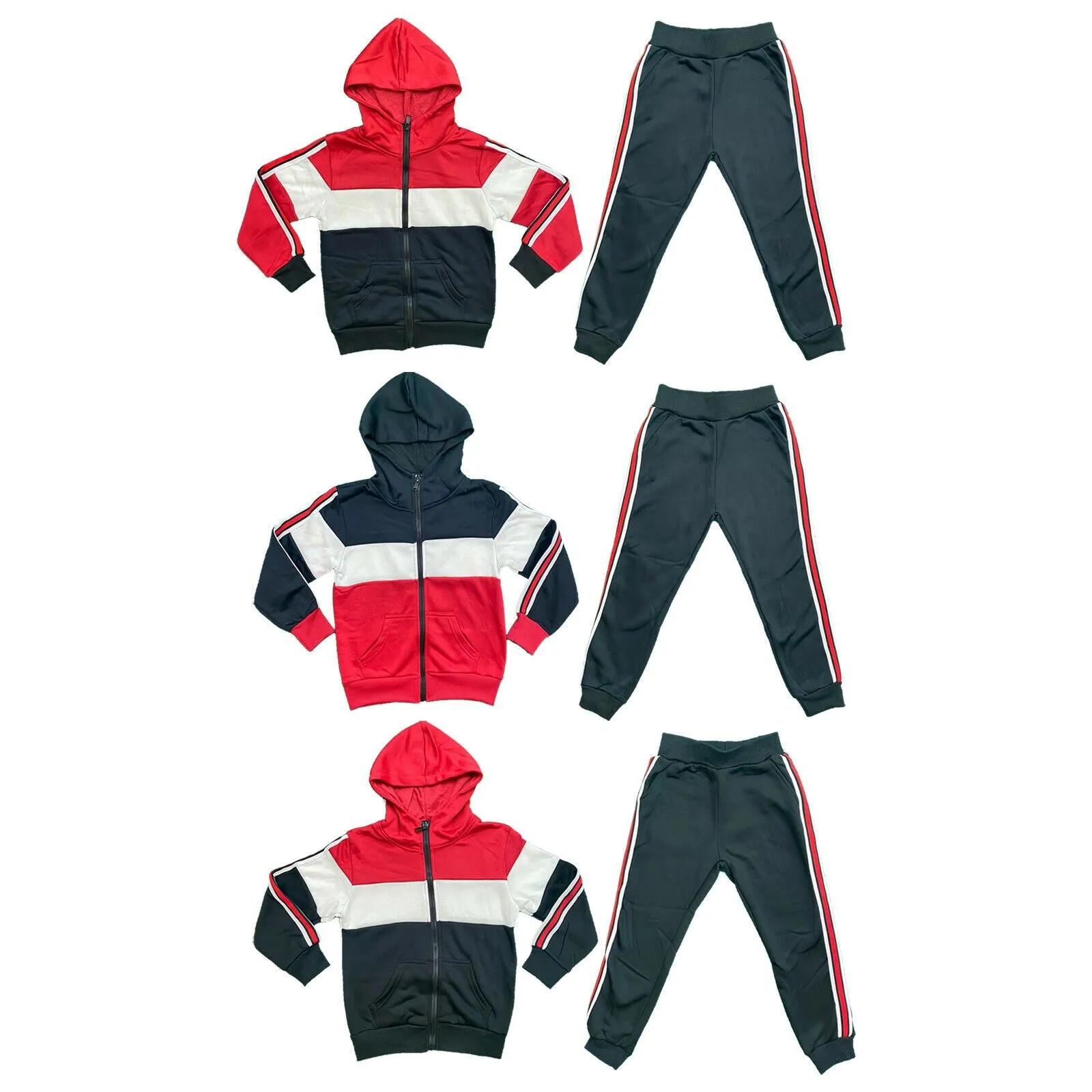 Boys Kids Panel Stripe Sport Tracksuit Jacket Joggers Jogging Bottoms PE Gym Set