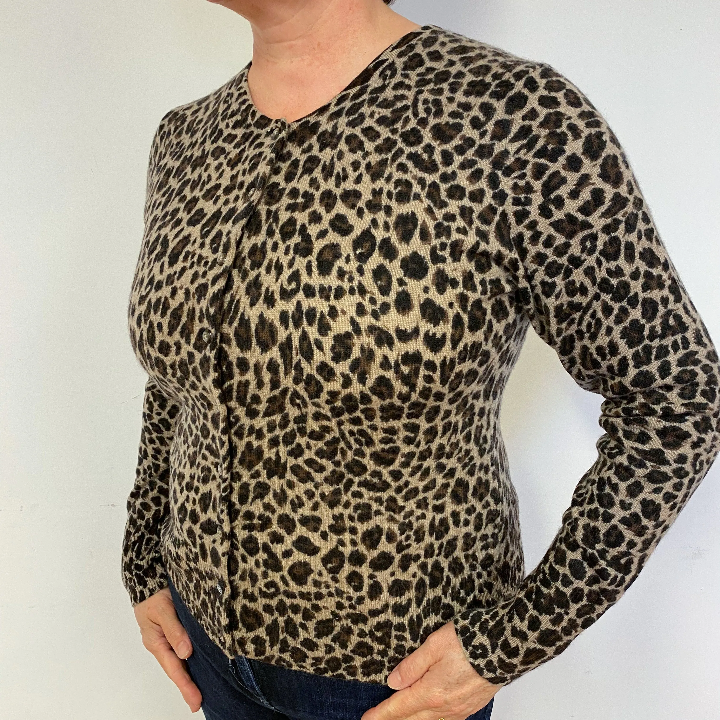 Brown Leopard Print Cashmere Crew Neck Cardigan Large