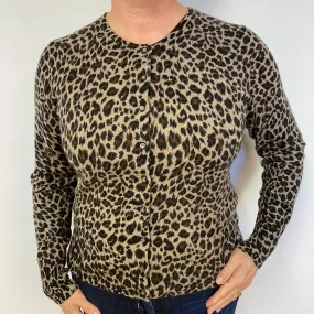 Brown Leopard Print Cashmere Crew Neck Cardigan Large