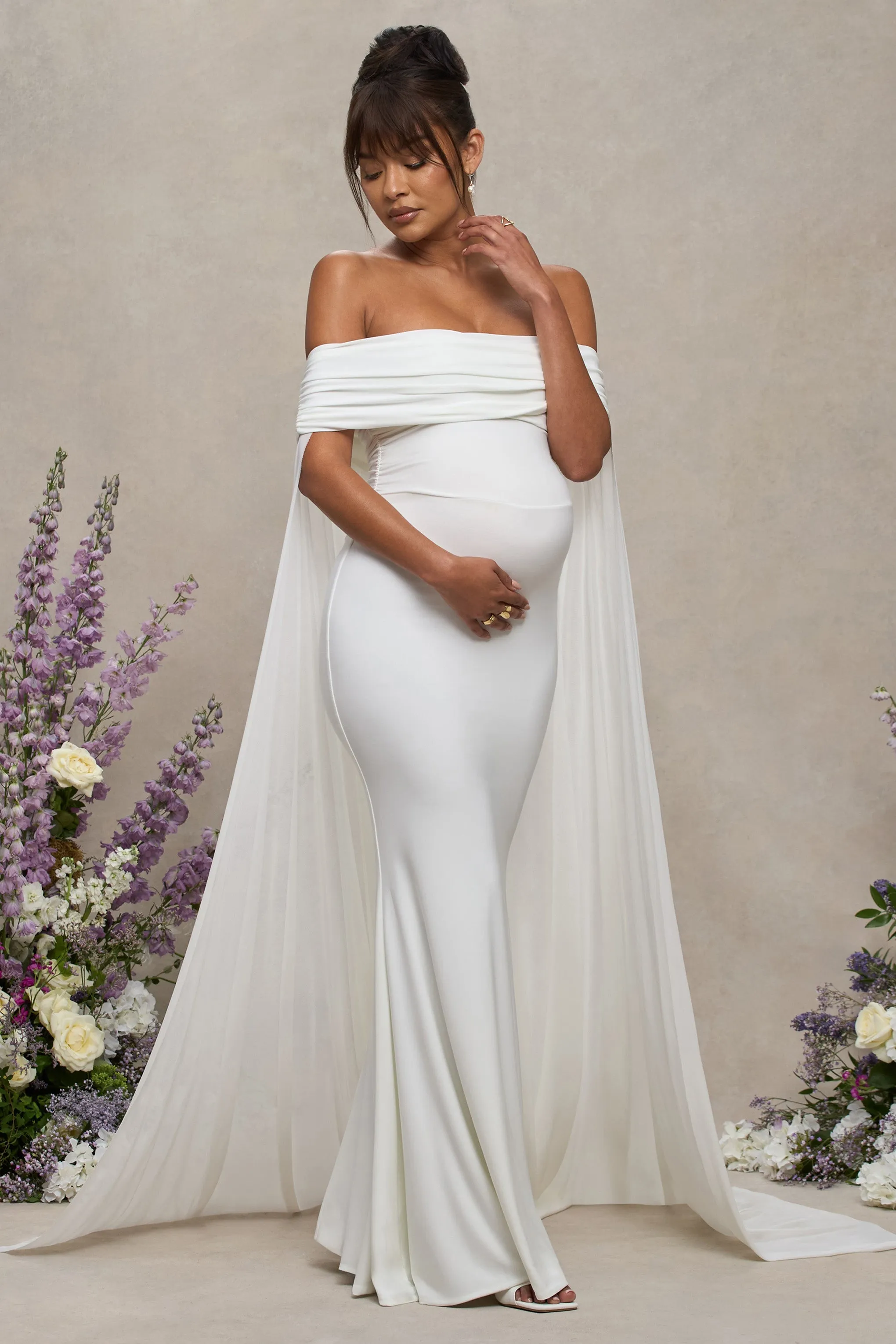 Carlotta | White Bardot Maternity Maxi Dress With Chiffon Cape