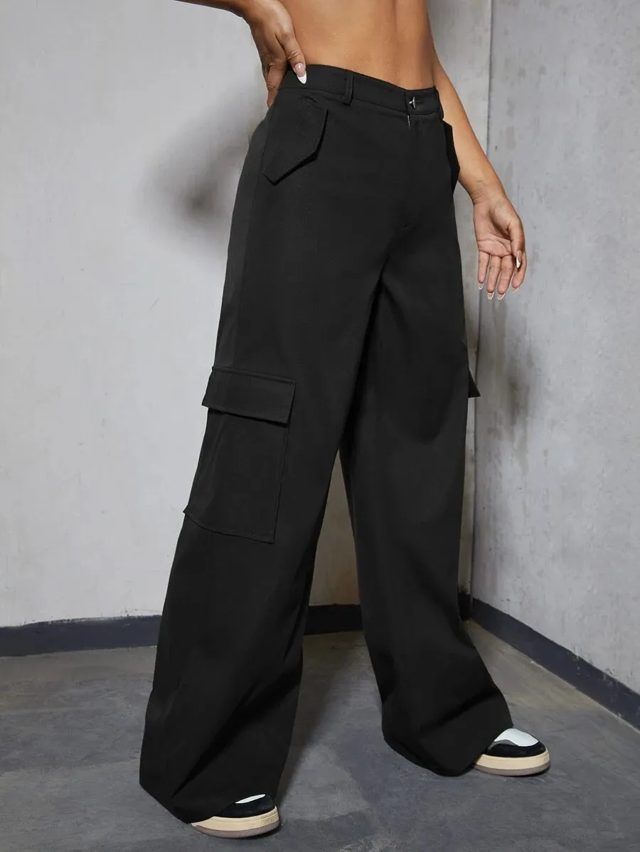 Casual Side Flap Pocket High Waist Cargo Pants