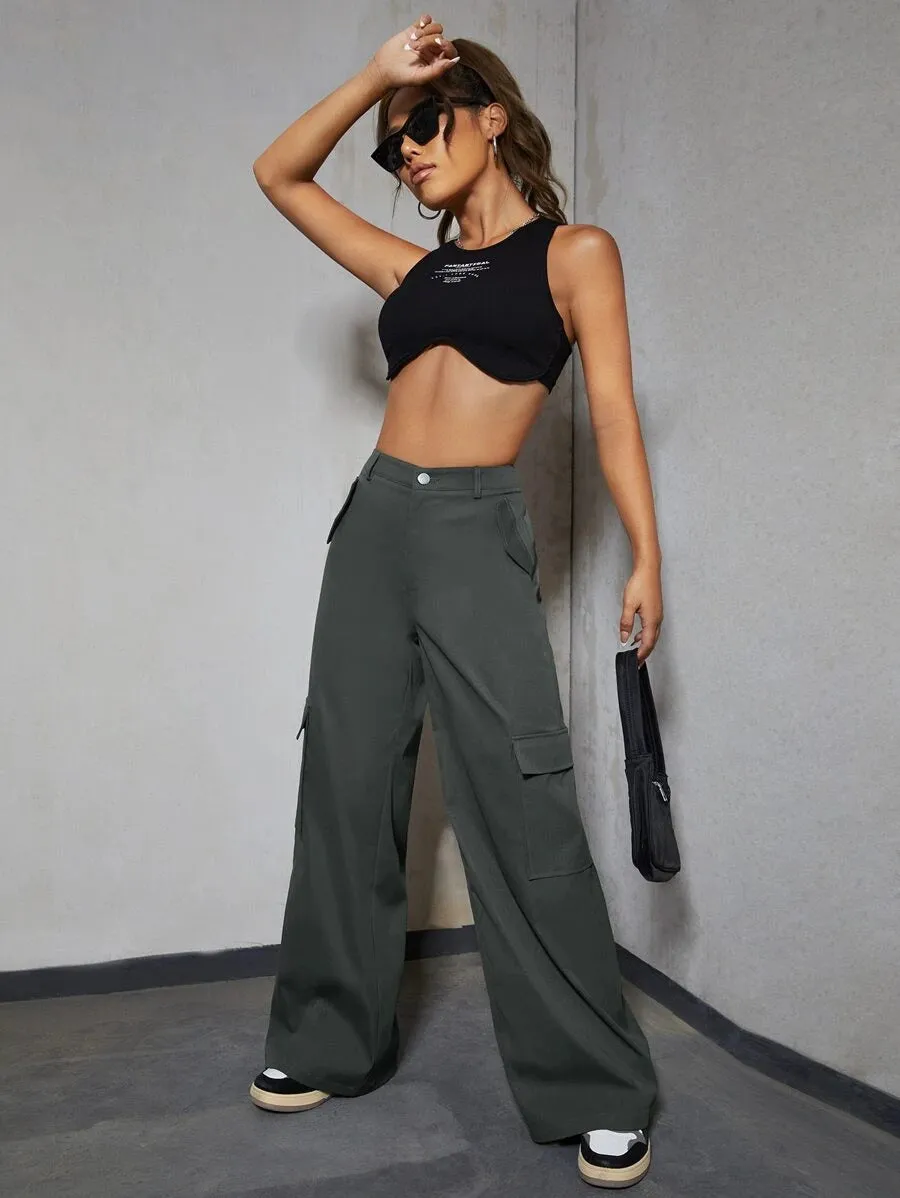 Casual Side Flap Pocket High Waist Cargo Pants