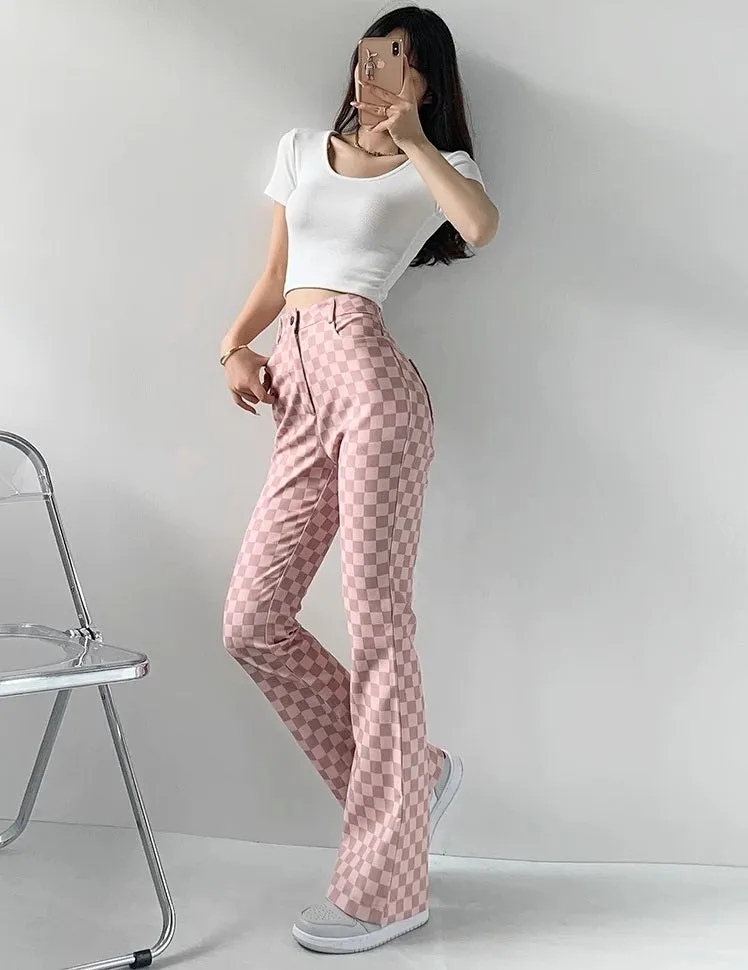 Checkerboard Plaid High Waist Pink Wide Leg Trouser Pants