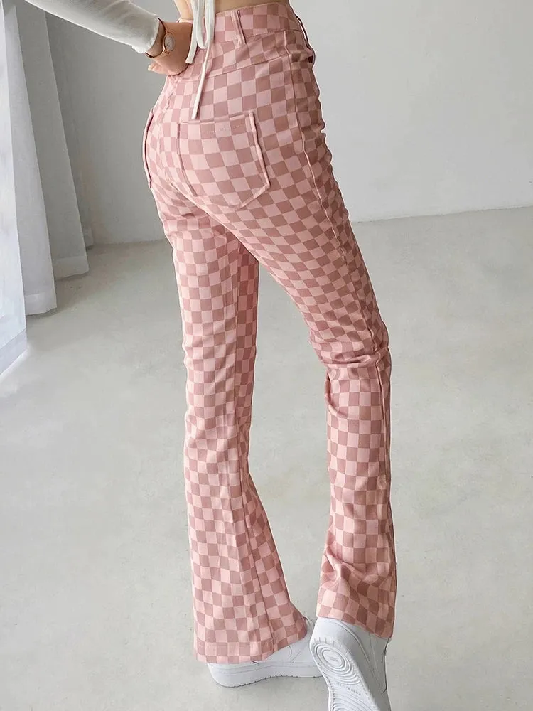 Checkerboard Plaid High Waist Pink Wide Leg Trouser Pants