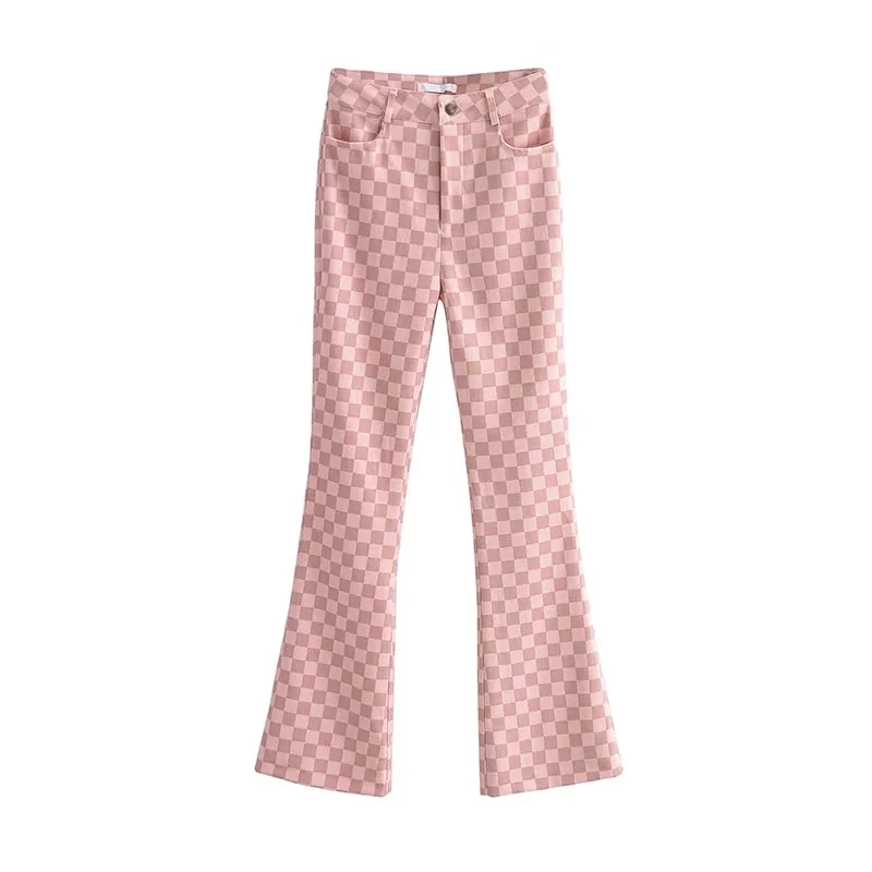 Checkerboard Plaid High Waist Pink Wide Leg Trouser Pants