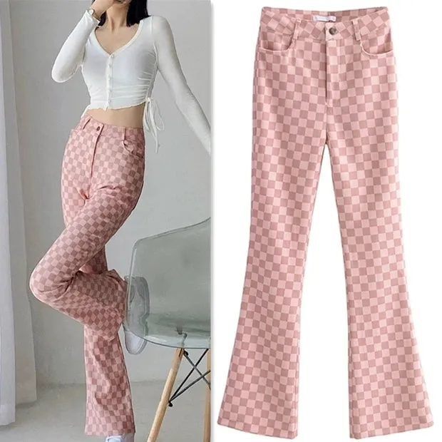 Checkerboard Plaid High Waist Pink Wide Leg Trouser Pants