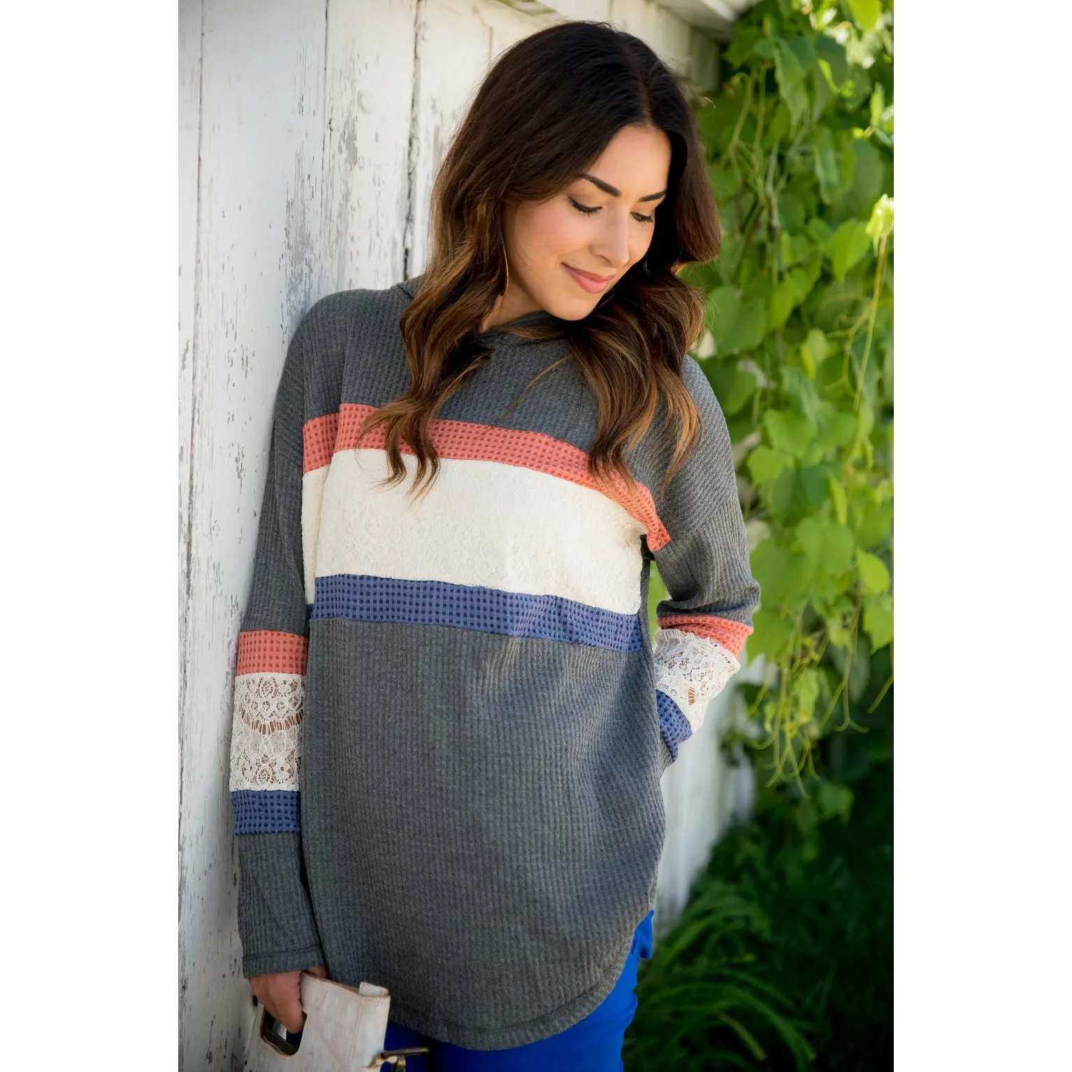 Color Blocked Lace Accent Hoodie