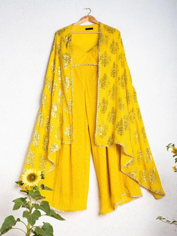 Corn Yellow Palazzo With Crop Top And Cape (Set of 3)