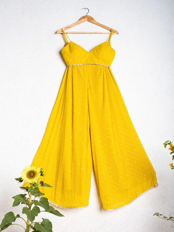 Corn Yellow Palazzo With Crop Top And Cape (Set of 3)