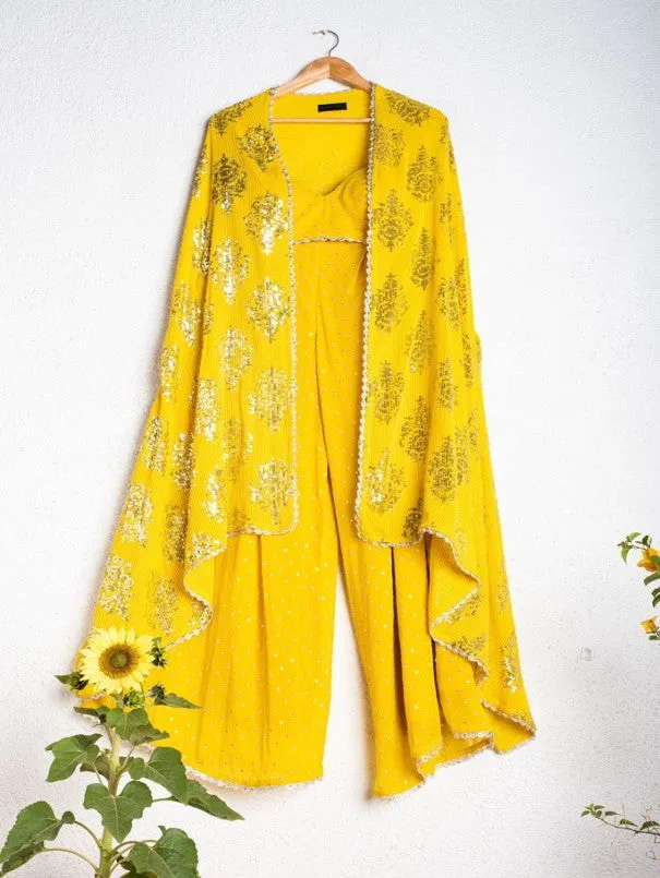 Corn Yellow Palazzo With Crop Top And Cape (Set of 3)