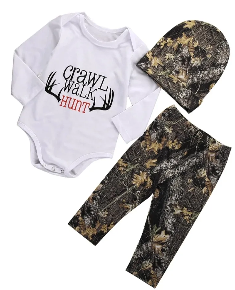 Crawl, Walk, Hunt Romper with Camo Pants and Beanie #2000127