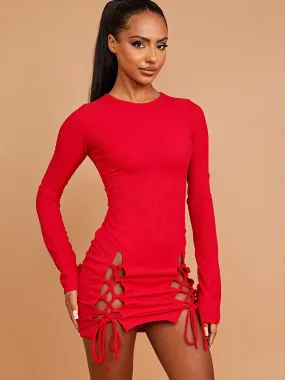 Diana Lace Up Front Ribbed Bodycon Dress In Red