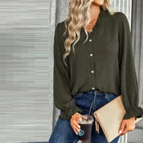 Dotted V-Neck Ruffled Sleeves Blouse