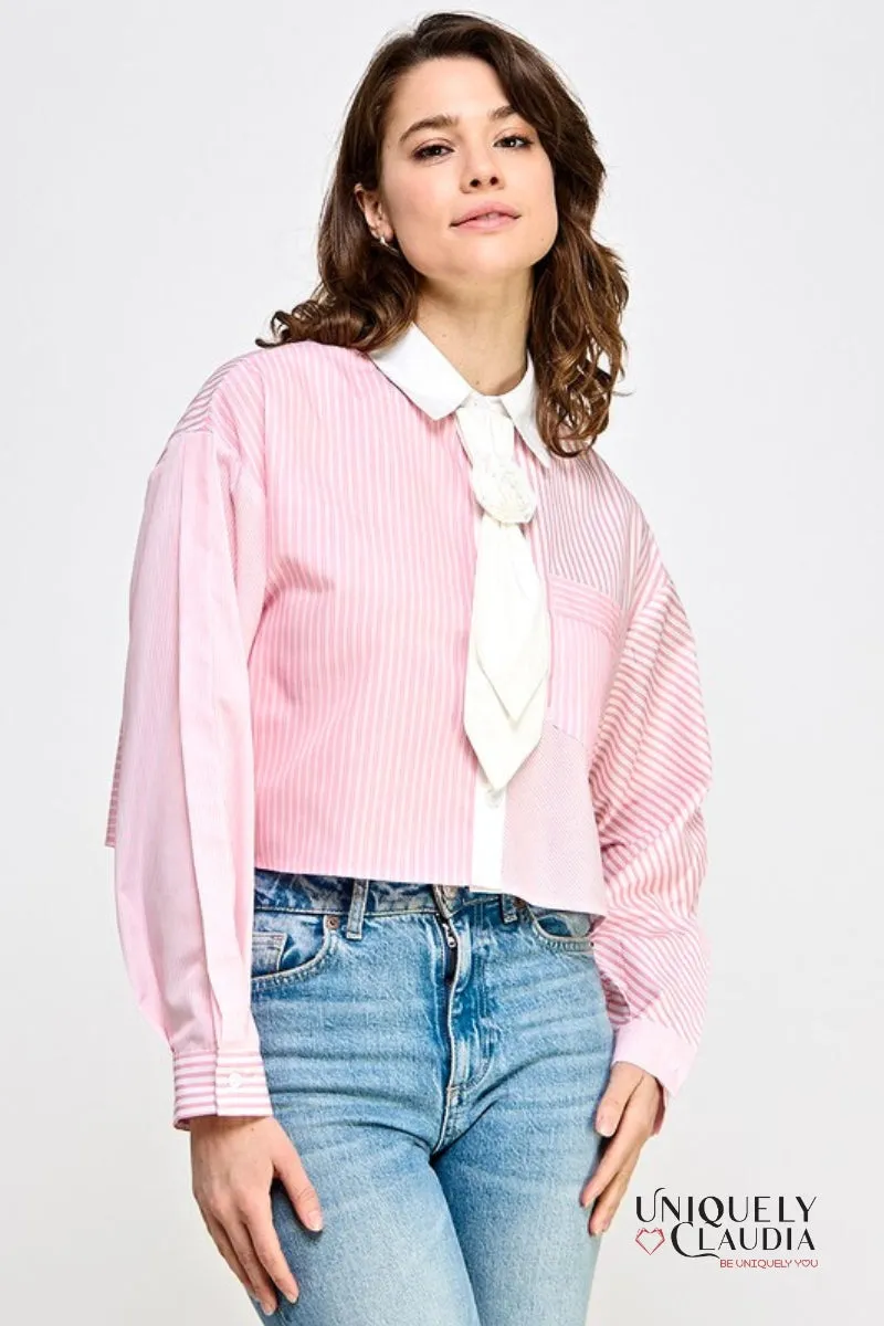 Ella Striped Collared Shirt With Rosette Tie