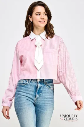 Ella Striped Collared Shirt With Rosette Tie