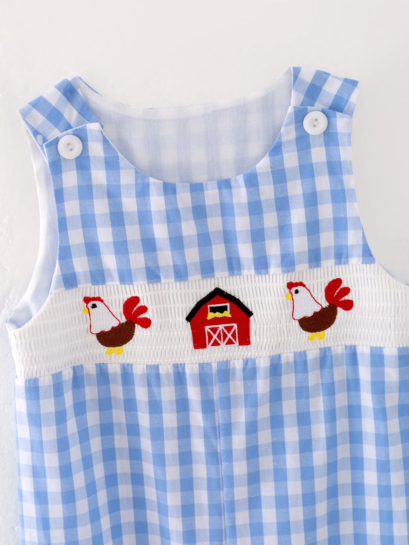 Farm Boys Turkey Plaid Woven Smocking Embroidered Romper