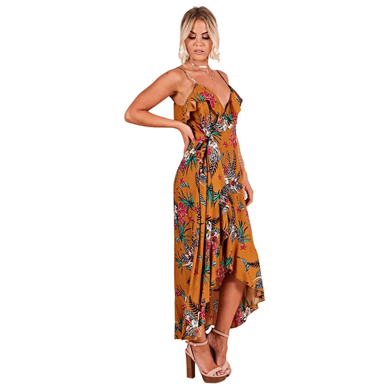 Fashion V Printing Lotus Irregular Dress Woman