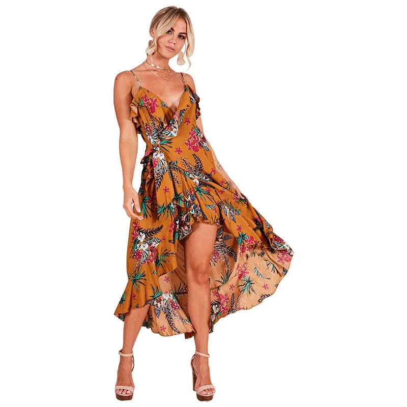 Fashion V Printing Lotus Irregular Dress Woman