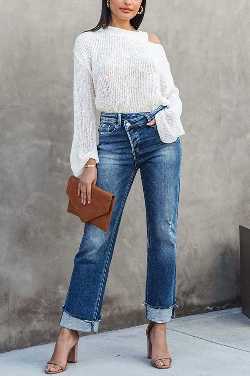 Febedress High Waist Straight Leg Ripped Denim Pants