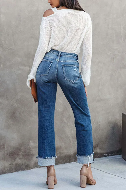 Febedress High Waist Straight Leg Ripped Denim Pants