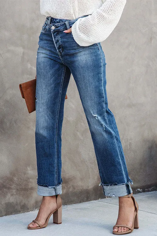 Febedress High Waist Straight Leg Ripped Denim Pants