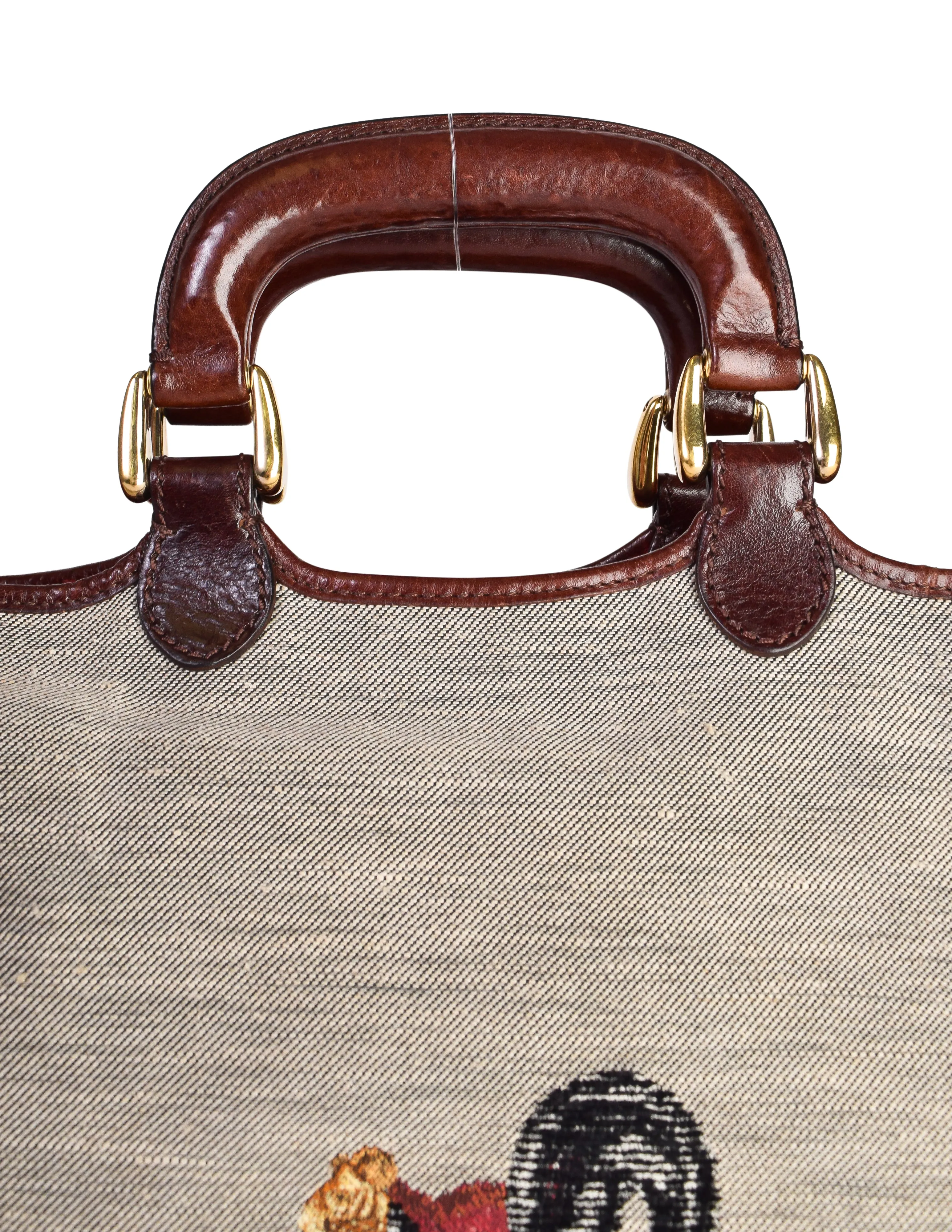 Fendi Vintage Brown Leather and Canvas Embroidered Squirrel Shoulder Bag