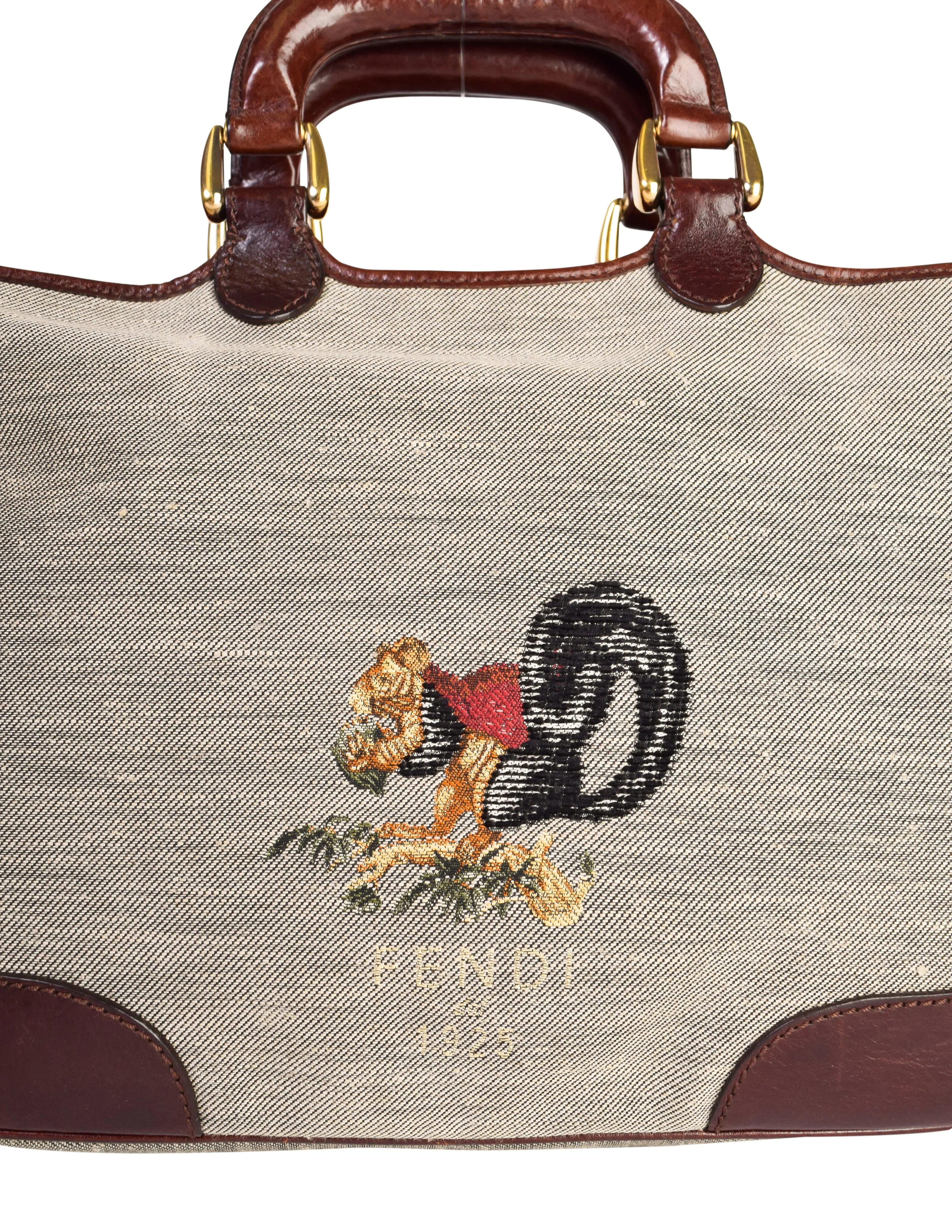 Fendi Vintage Brown Leather and Canvas Embroidered Squirrel Shoulder Bag