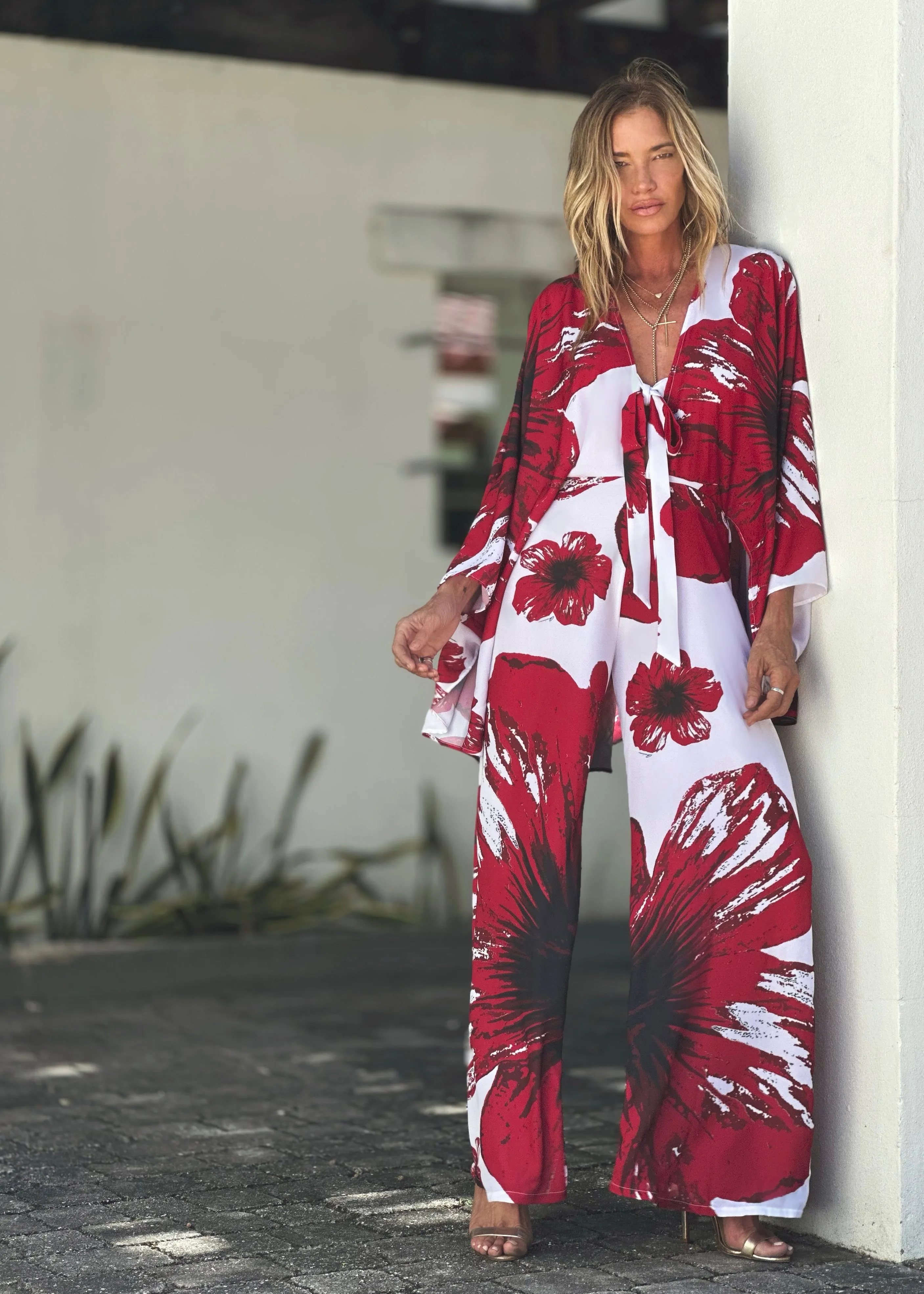 Garbo Cape Jumpsuit Red Hibiscus